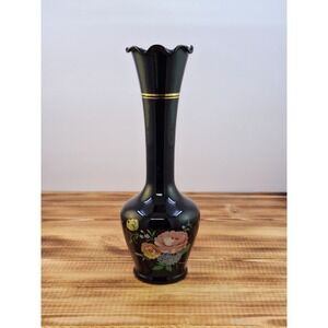 Vintage Opaque Black Dark Purple Glass Bud Vase 8" Tall Ruffled Rim Floral Decor